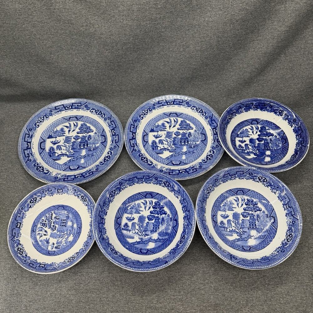 6pc Staffordshire Ironstone Blue Willow Pattern Bowls Plates Dinnerware Antique - Picture 4 of 8